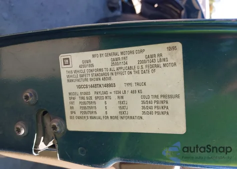 1996 Chevrolet S Truck S10 z USA, uszkodzony, nr VIN 1GCCS1448TK148903